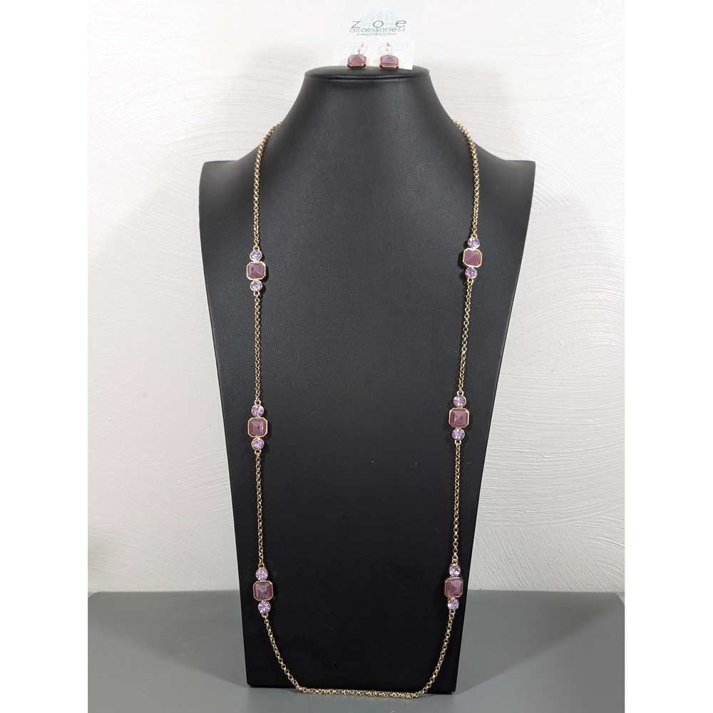Zoe‎ Accessories Purple Gold Tone Necklace & Earring Set New 40" Long